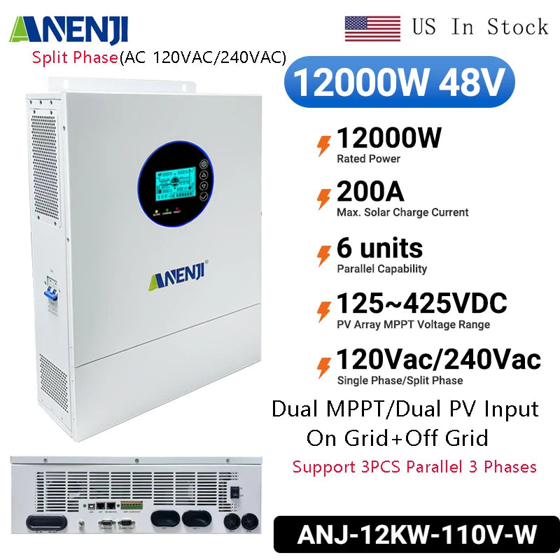 Inversor Solar Híbrido ANENJI de Fase Dividida 12KW 48V com 2 MPPT, AC 120VAC 240VAC, Onda Senoidal Pura, Off Grid, Carregador Solar MPPT 200A, Entrada Dupla PV 500VDC