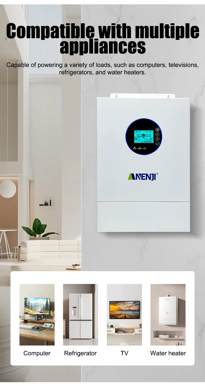Inversor Solar Híbrido ANENJI de Fase Dividida 12KW 48V com 2 MPPT, AC 120VAC 240VAC, Onda Senoidal Pura, Off Grid, Carregador Solar MPPT 200A, Entrada Dupla PV 500VDC