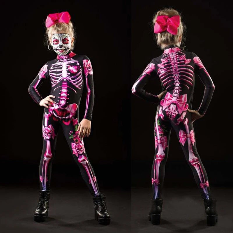 2025 meninas rosa esqueleto crianças assustador traje halloween cosplay fantasma noiva macacão carnaval festa crianças macacão roupas