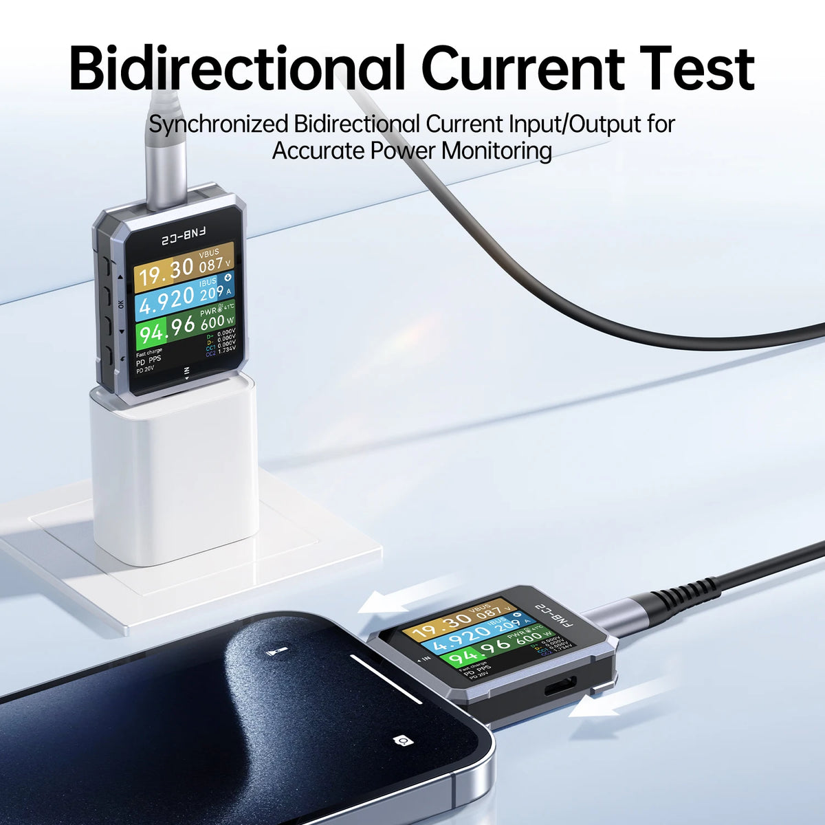 Medidor de Potência FNIRSI FNB-C2 Tipo-C – Analisador de Carregamento Rápido 240W PD3.1 & QC5.0 para Power Banks, Carregadores USB e Smartphones