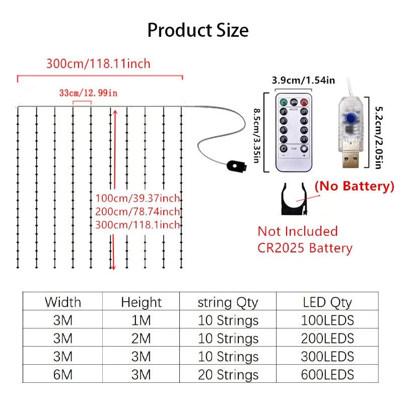Luzes de Natal LED, Cortina de Luzes de Fada com 8 Modos, Controle Remoto USB, Decoração de Natal para Casa, Lâmpada de Ano Novo