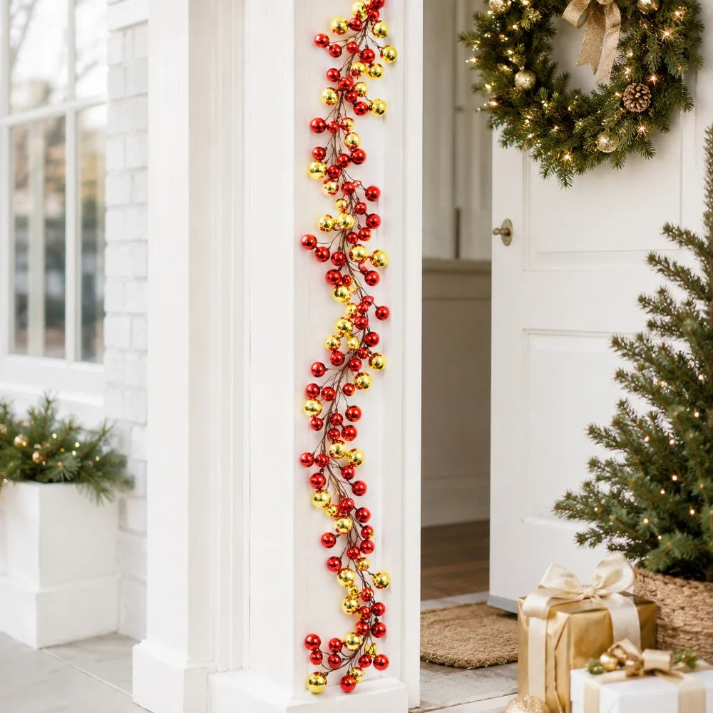 Guirlanda de Bolas Vermelhas e Douradas Longas para Decoração de Natal, Bolas de Natal Ideais para Decoração de Natal, Ano Novo e Aniversário, Decoração para Casa