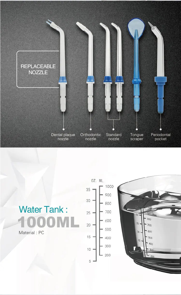 Fio dental de água + 6 pontas, massageador limpo de dentes, 20-120psi, higiene oral, irrigador dental de água, 1000ml, limpador de dentes