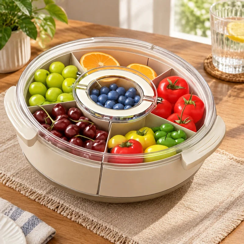 Bandeja giratória para petiscos, com alça e tampa, organizador transparente com compartimentos para guardar frutas, legumes e petiscos para festas.