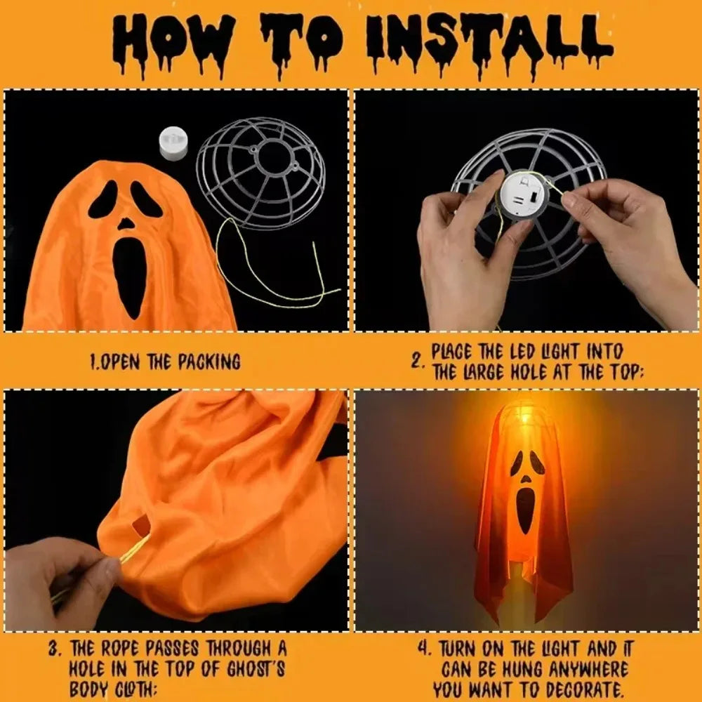 Fantasma Luminoso de Halloween Laranja ou Branco, Decoração de Fantasma em Tecido com Luzes LED para Varanda, Quintal e Decoração de Casa Assombrada