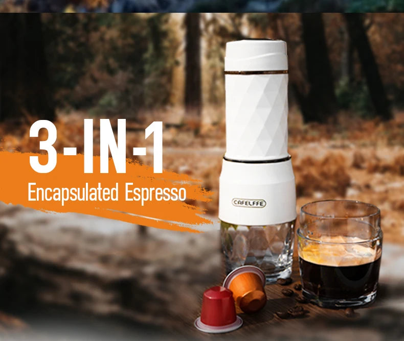 Máquina de Café Portátil Cafelffe 3 em 1, Cafeteira Manual para Cápsulas e Café Moído, Espumador de Leite, Preparador Manual para Viagens e Presentes