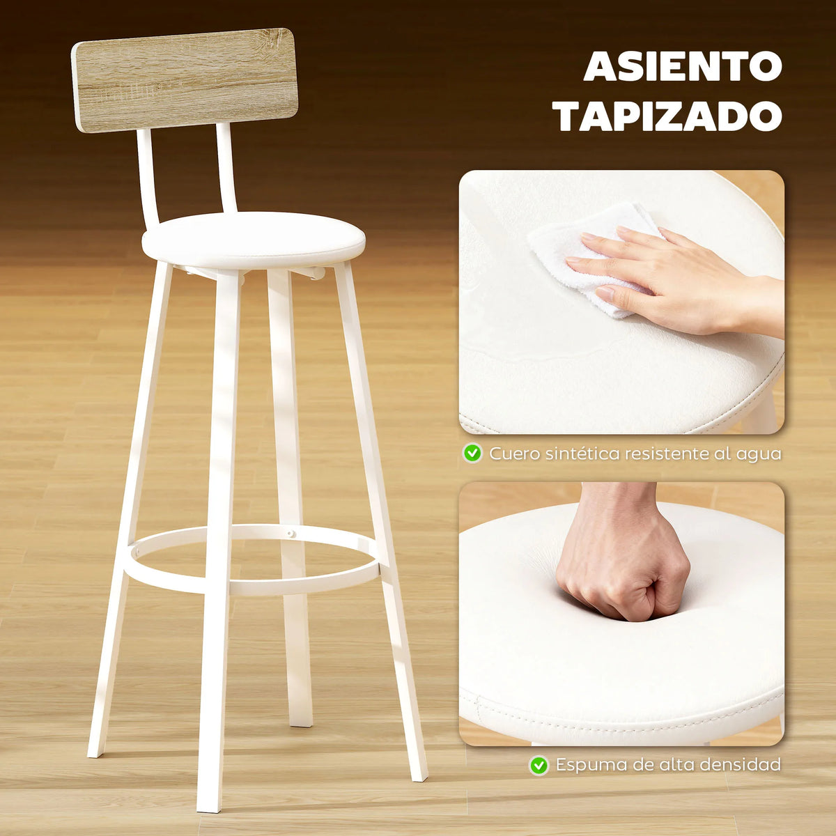 Conjunto Homcom com 2 Banquetas Altas de Cozinha com Encosto e Apoios para os Pés Estofados em PU, Assento de 75,5 cm