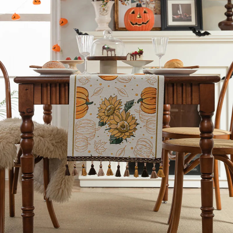 Decoração de Halloween: Caminho de Mesa de Ação de Graças com Abóboras, Toalha de Mesa Jacquard Tingida em Fio com Borda de Borlas, Capa de Mesa, Decoração para Casa