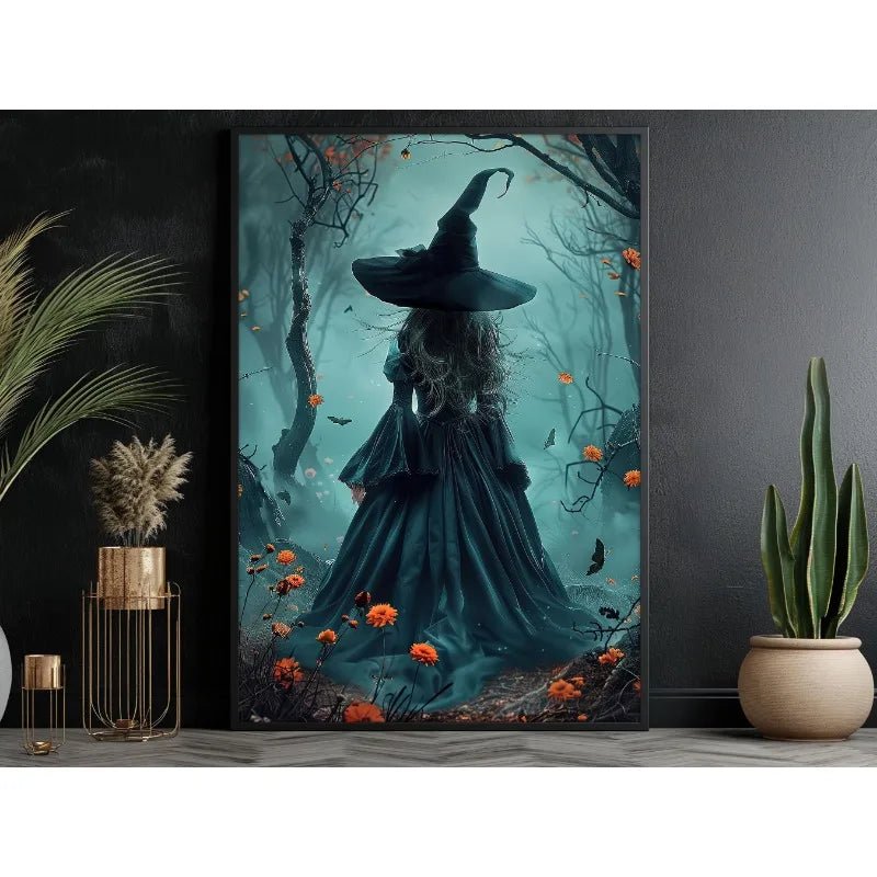 Pôster de Decoração de Parede de Halloween: Bruxa Sombria no Bosque com Flores - Impressão em Tela Sem Moldura para Decoração Festiva de Casa - Kasa & Pet