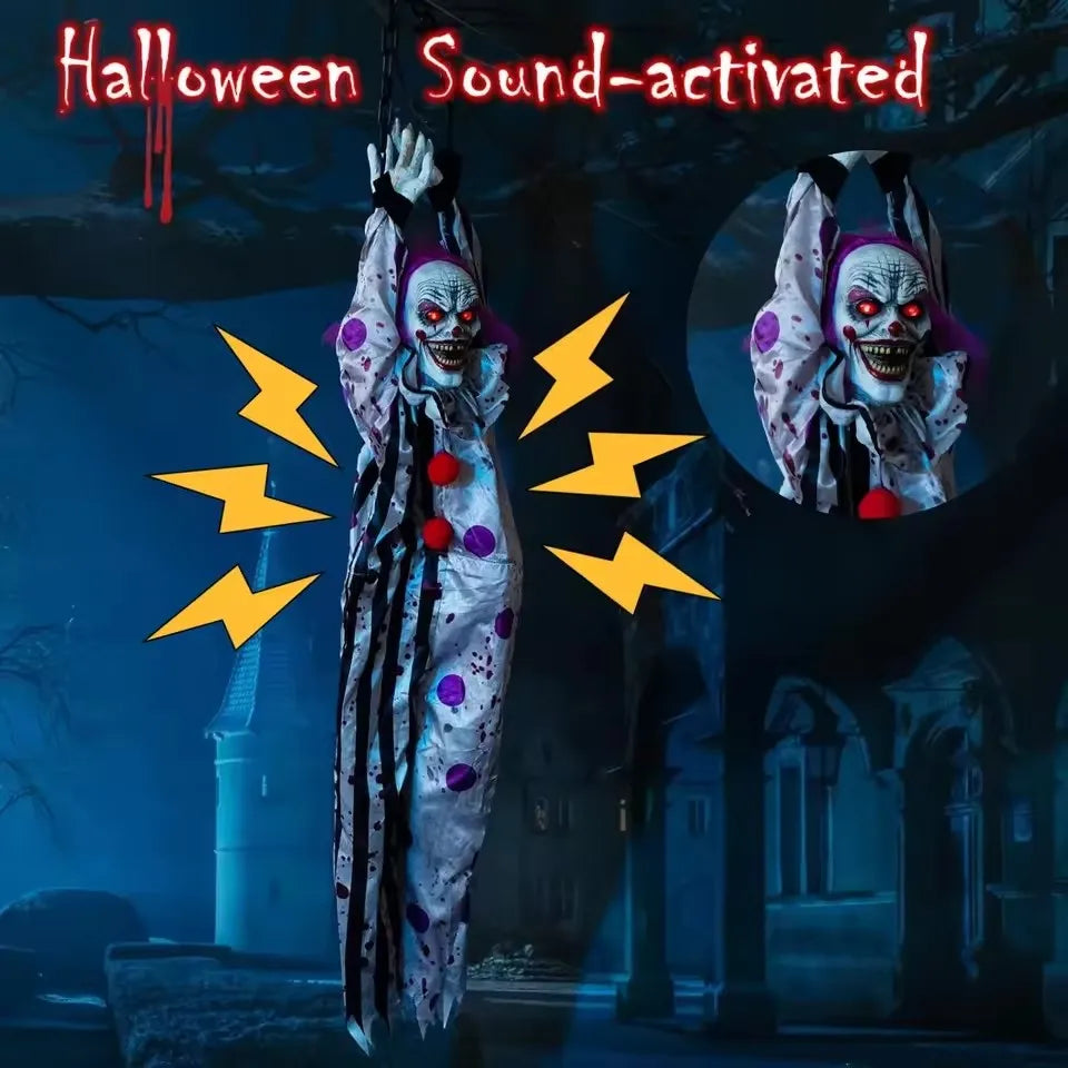 Decorações de halloween elétrica ativada por voz pendurado palhaço fantasma pendurado casa assombrada adereços de decoração de terror