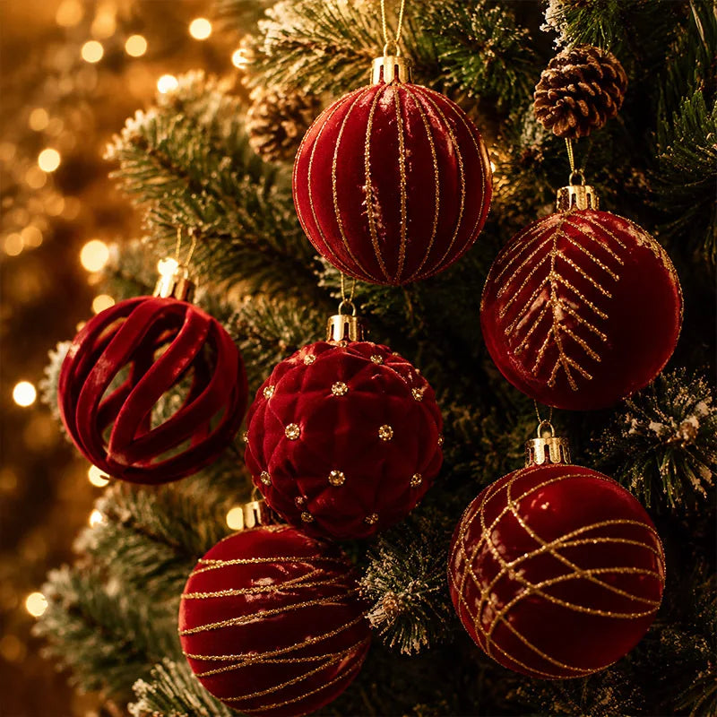 Conjunto de Enfeites de Natal em Veludo Borgonha, Bolas de Natal com Padrão de Glitter Dourado para Decoração de Árvore de Natal e Casa