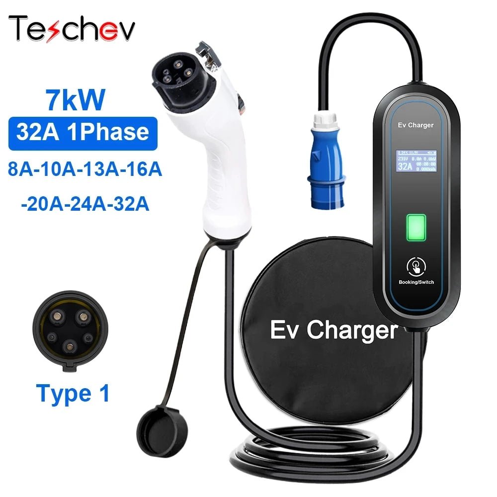 Carregador portátil EV Teschev Type2 Cabo 32A 7KW com plugue CEE EVSE Type1 J1772 Caixa de carregamento 5M GB/T Carregador para veículo elétrico