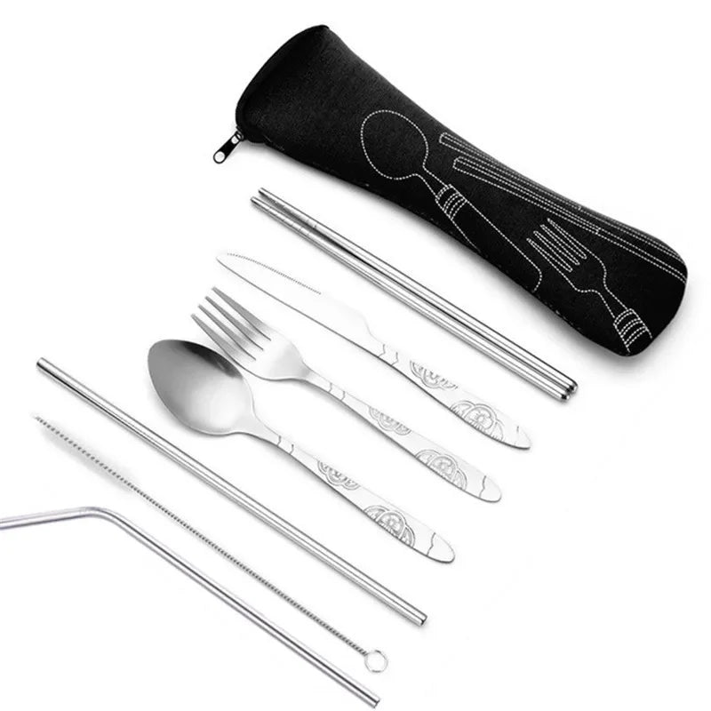 7 pçs/set conjunto de talheres de aço inoxidável ao ar livre portátil saco pano faca garfo colher pauzinhos palha flores ricas sete conjuntos Kasa & Pet