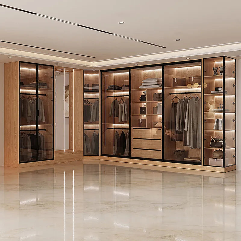 Bedroom Household Solid Wood Sliding Door Wardrobe Glass Double Wardrobes Storage Cabinet Clothes Closet Clothing Home Furniture