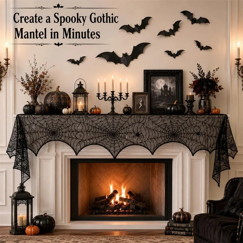 Kit de Decorações de Halloween: Toalha de Mesa com Teia de Aranha, Caminho de Mesa, Decoração para Lareira, Toalha de Mesa com Renda e Teia de Aranha, Decoração para Festa de Halloween