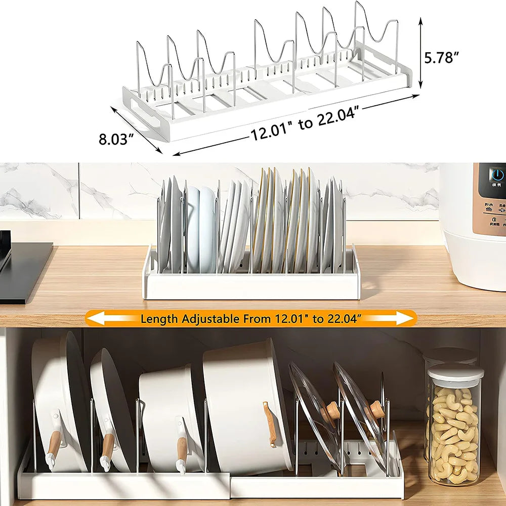 Organizador de Utensílios de Cozinha Expansível com 7 Compartimentos Ajustáveis, Suporte para Panelas, Organizador de Armário