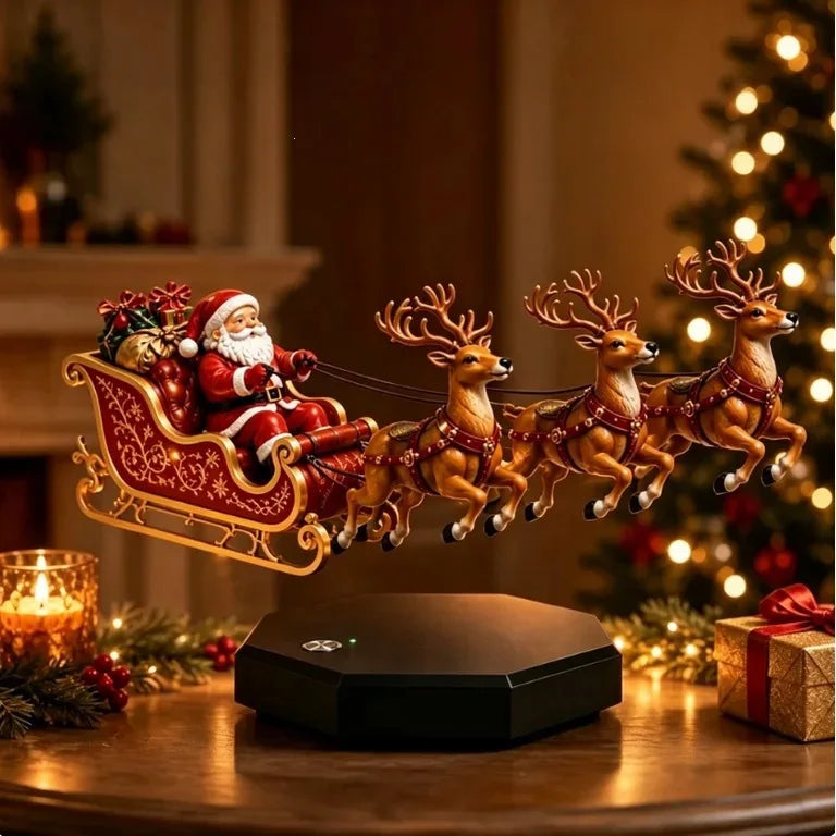 Decoração de Natal, Enfeite de Trenó de Papai Noel Maglev, Estatueta de Rena Flutuante com Base Giratória, Decoração de Casa para o Ano Novo 2027, Presentes para Festa de Natal