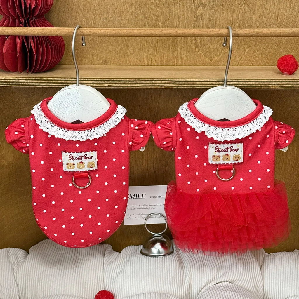 Camiseta de Primavera para Pets, Vestido Princesa Vermelho com Bolinhas, Colete de Renda Fofo para Cães Pequenos e Filhotes