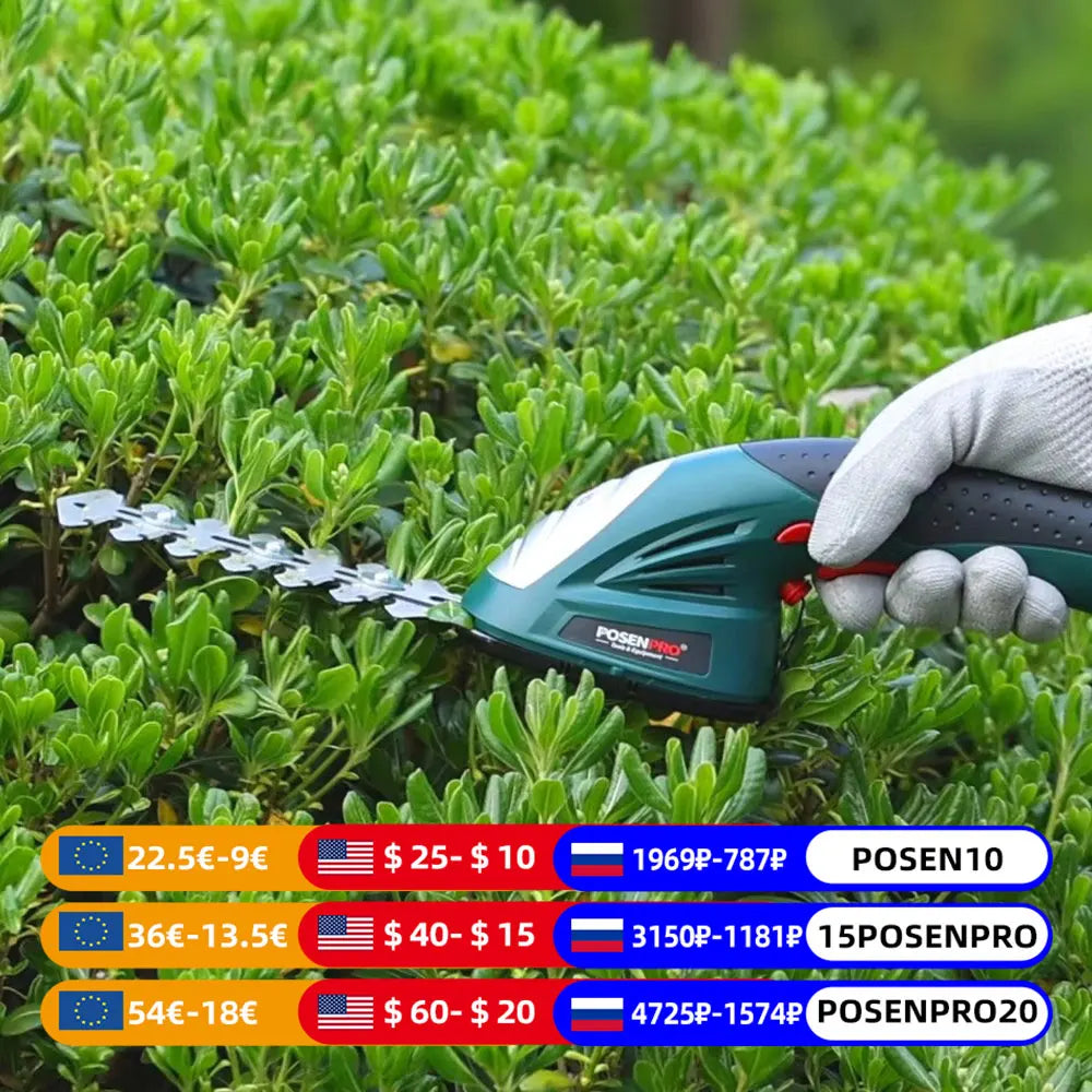 POSENPRO Tesoura de Poda 7.2V 2 em 1 Sem Fio, Aparador de Grama e Cerca Viva, Tesoura Recarregável a Bateria, Ferramenta de Jardim Sem Fio
