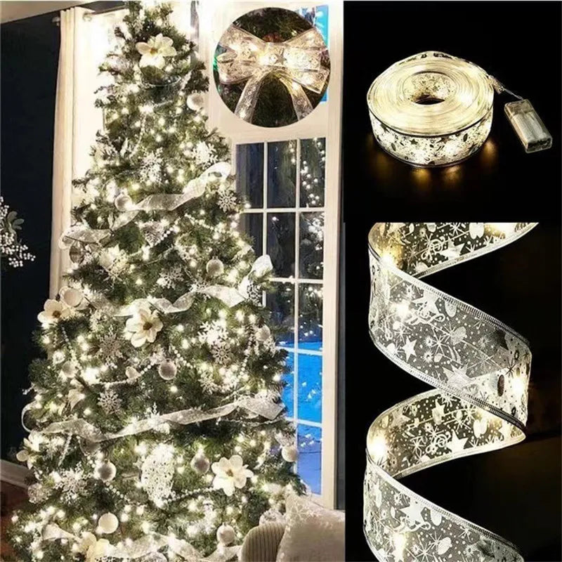 LED Ribbon Fairy Lights para Natal, enfeites de árvore de Natal, decoração, DIY Bows, String Light, Ano Novo, 2025, 2025