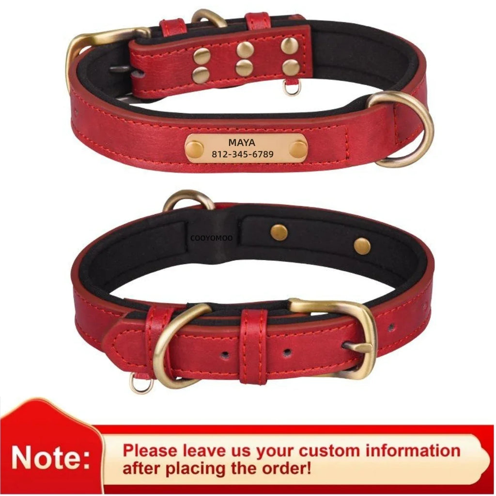 Coleira de Cão Personalizada em Couro com Placa de Identificação, Almofadada e Macia, Gravação Gratuita do Nome para Cães Pequenos, Médios e Grandes