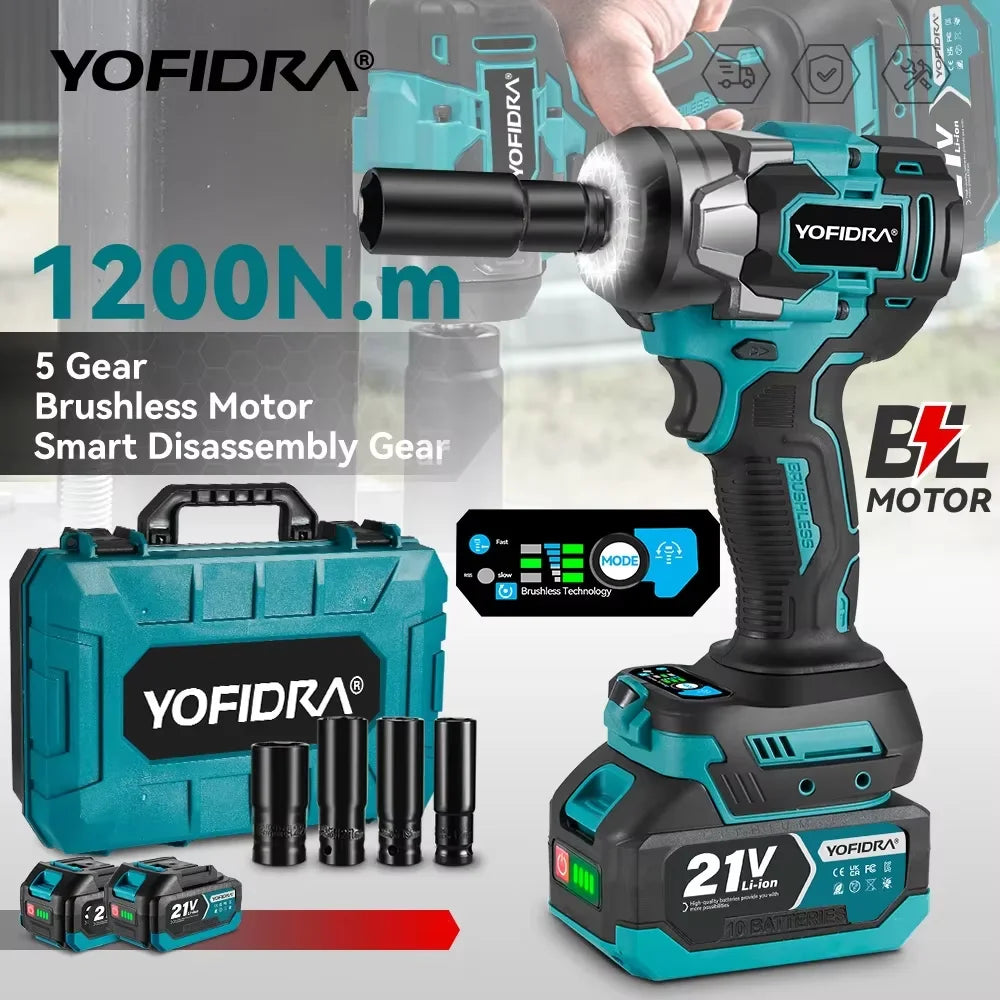 Yofidar com chave de impacto elétrica sem escova, 1200n.m, 5 engrenagens, 1/2 '', chave de fenda, ferramenta elétrica de reparo de carro para makita, pino de bateria de 18v