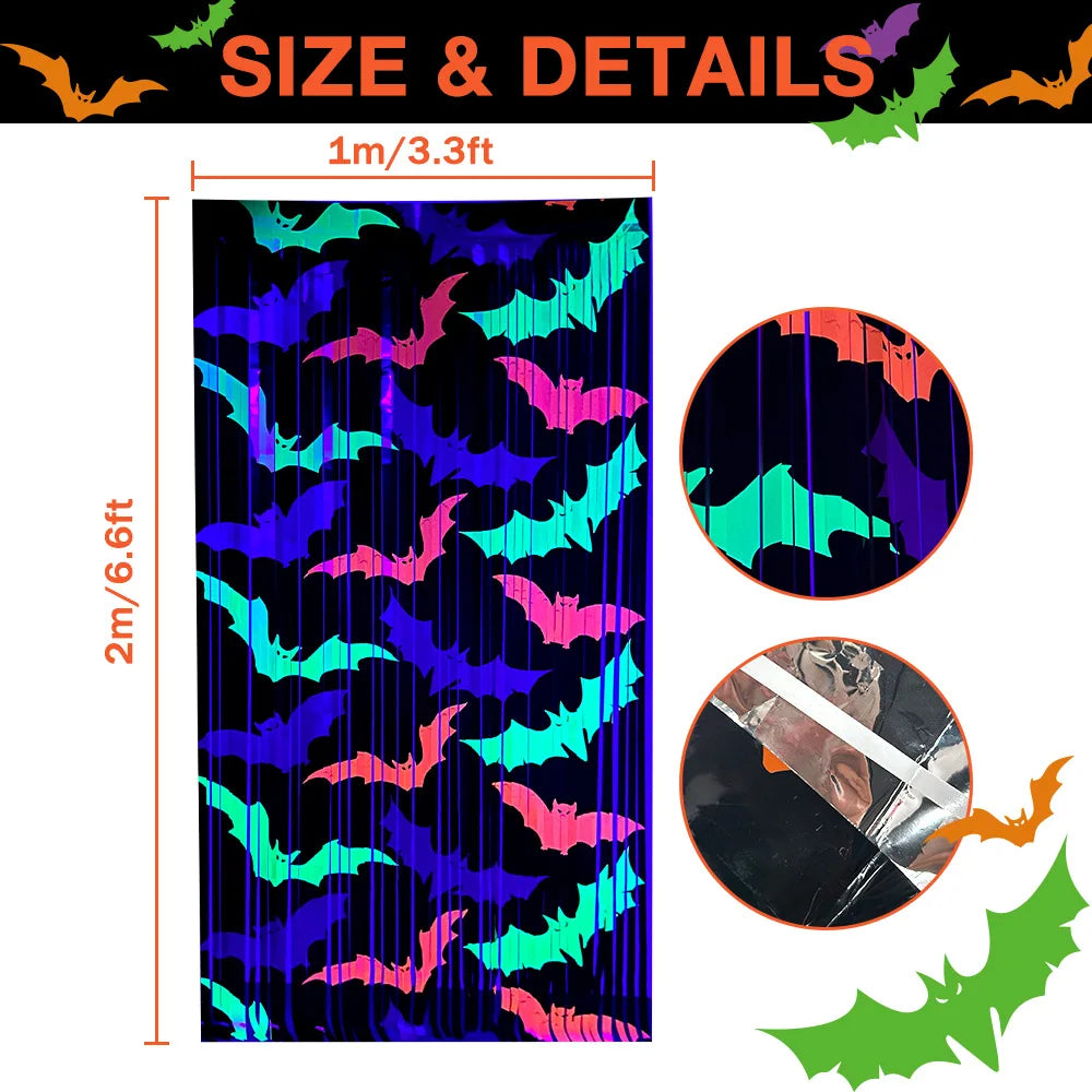 Cortina de Franjas de Folha Metálica Fluorescente de Morcegos para Festa de Halloween, Cenário de Tinsel Metálico com Glitter para Decoração de Fundo de Aniversário e Adereços Fotográficos