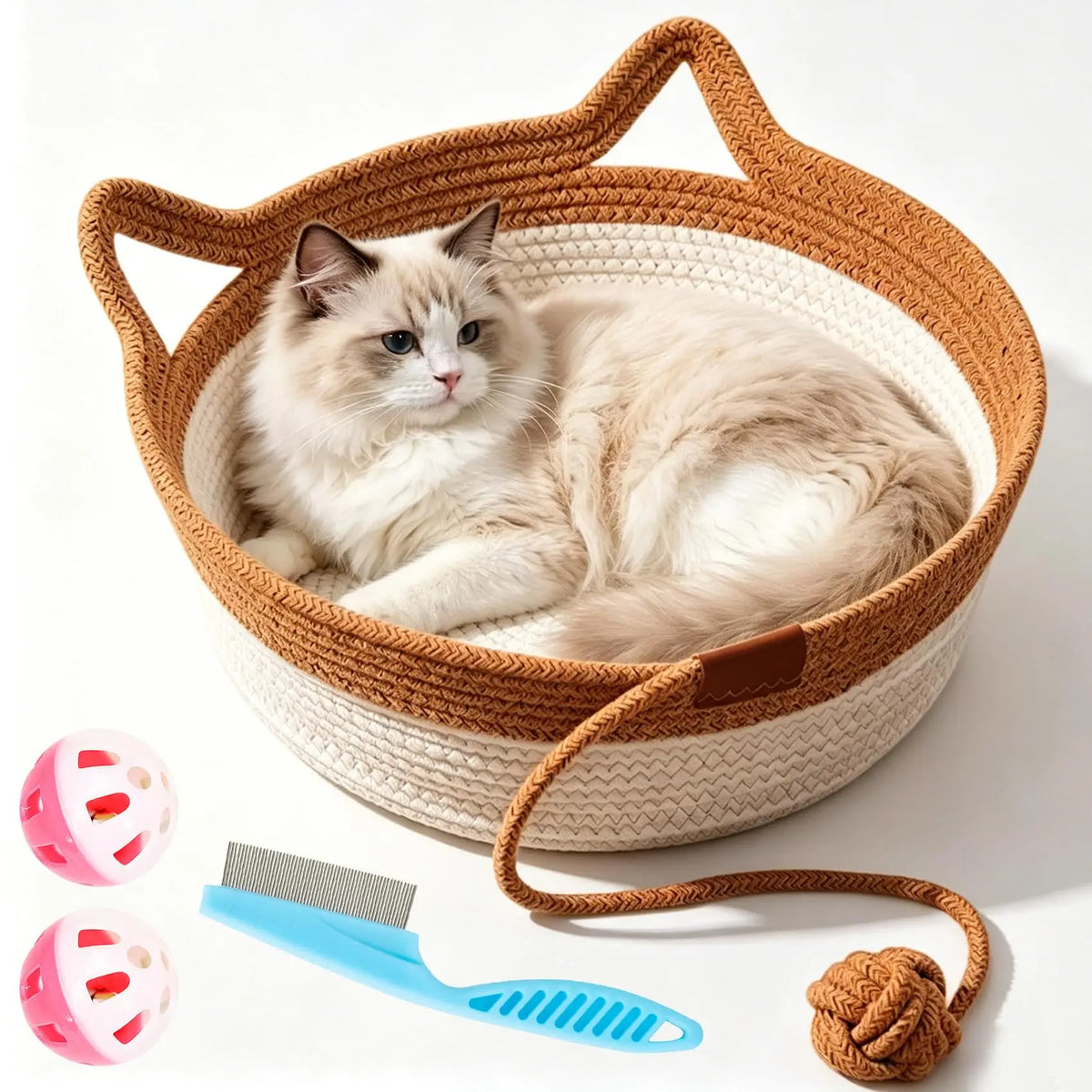 Cesto Cat Instinct - Cama Divertida de Corda de Algodão Tecida à Mão, Equipada com uma Cauda de Brinquedo