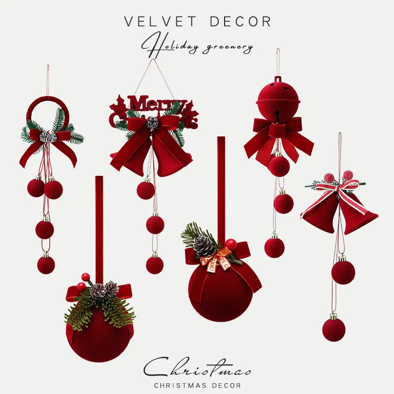 Enfeites de Natal em Veludo Vermelho, Bolas Flocadas, Sinos, Pingentes, Laços, Decoração para Casa, Presentes para Festa de Natal e Ano Novo