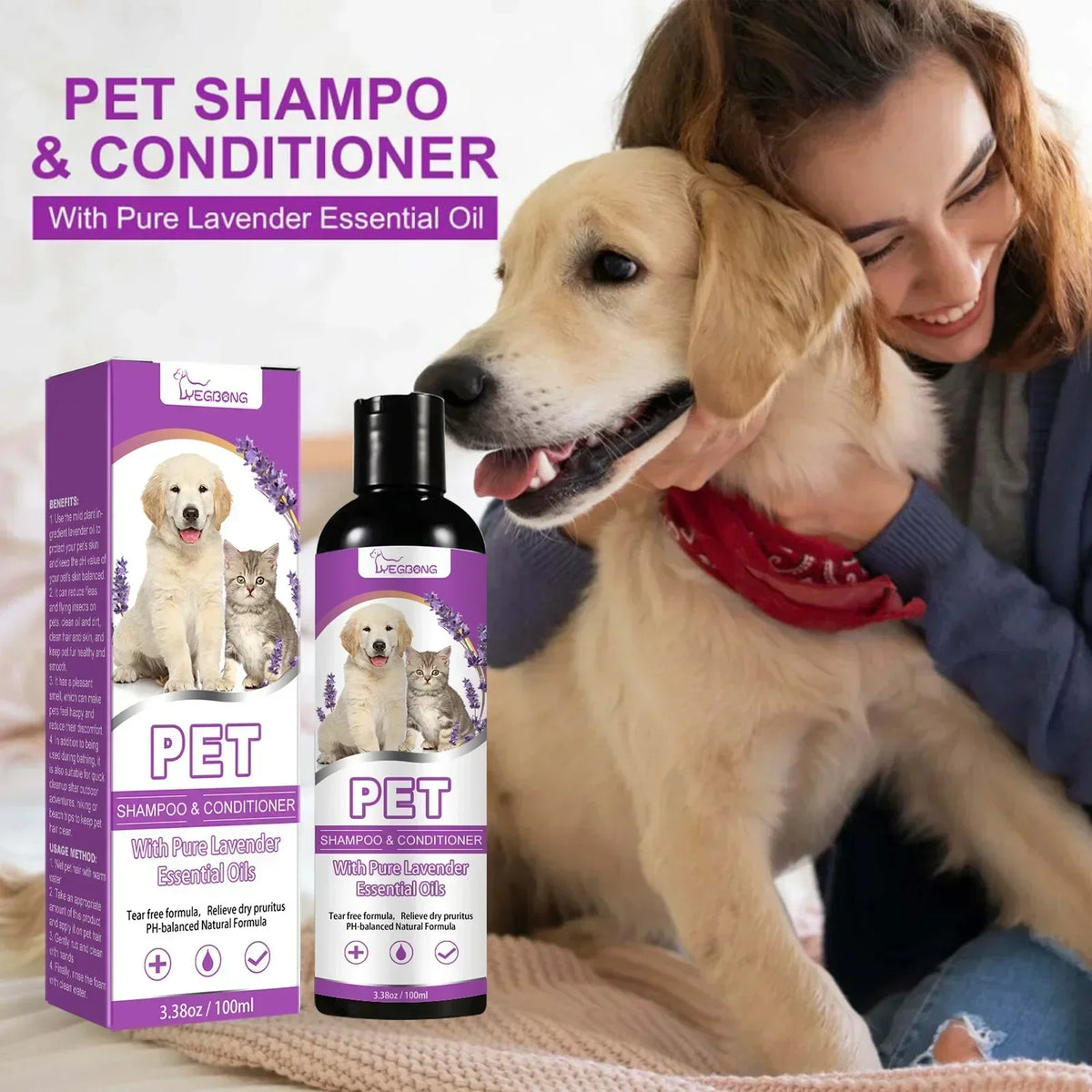 Shampoo e Condicionador para Animais de Estimação com Óleos Essenciais Puros de Lavanda, Fórmula Sem Lágrimas para Cães e Gatos, pH Balanceado, Cuidado Suave 100ml