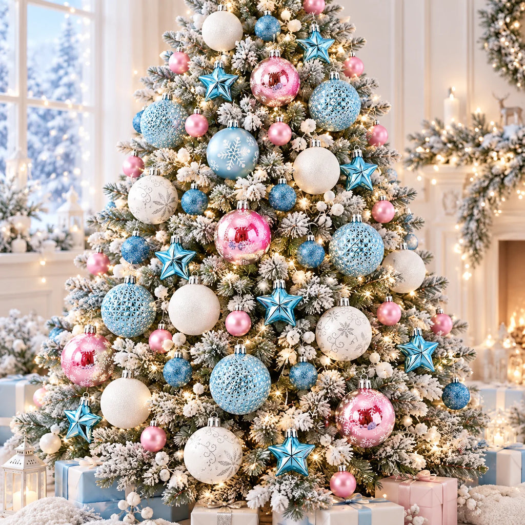 Conjunto de 44 enfeites de bolas de Natal, bolas azuis, rosas e brancas, floco de neve e estrela para decoração de árvore de Natal.