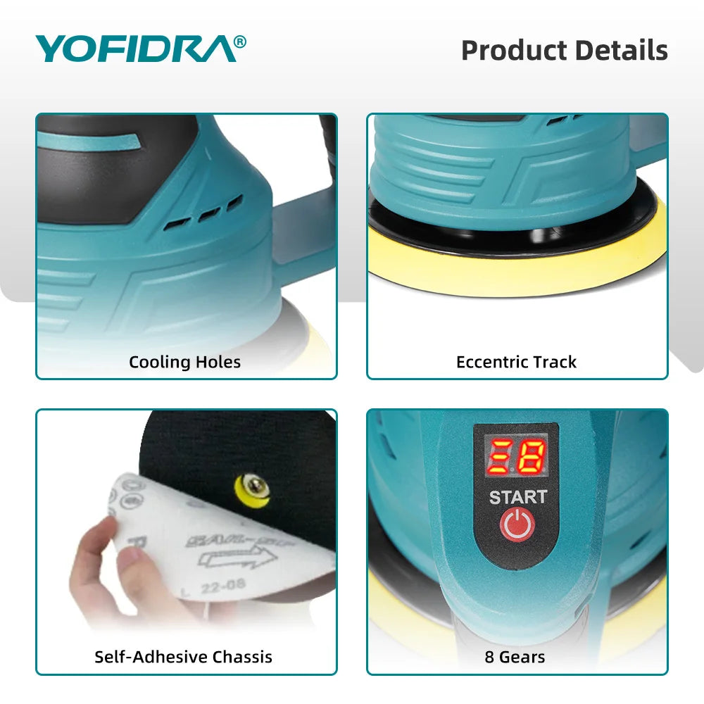 Polidora Automotiva Sem Fio YOFIDRA com 8 Velocidades Ajustáveis, Ferramenta Elétrica para Polimento, Lixamento e Selagem, Compatível com Bateria Makita 18-21V