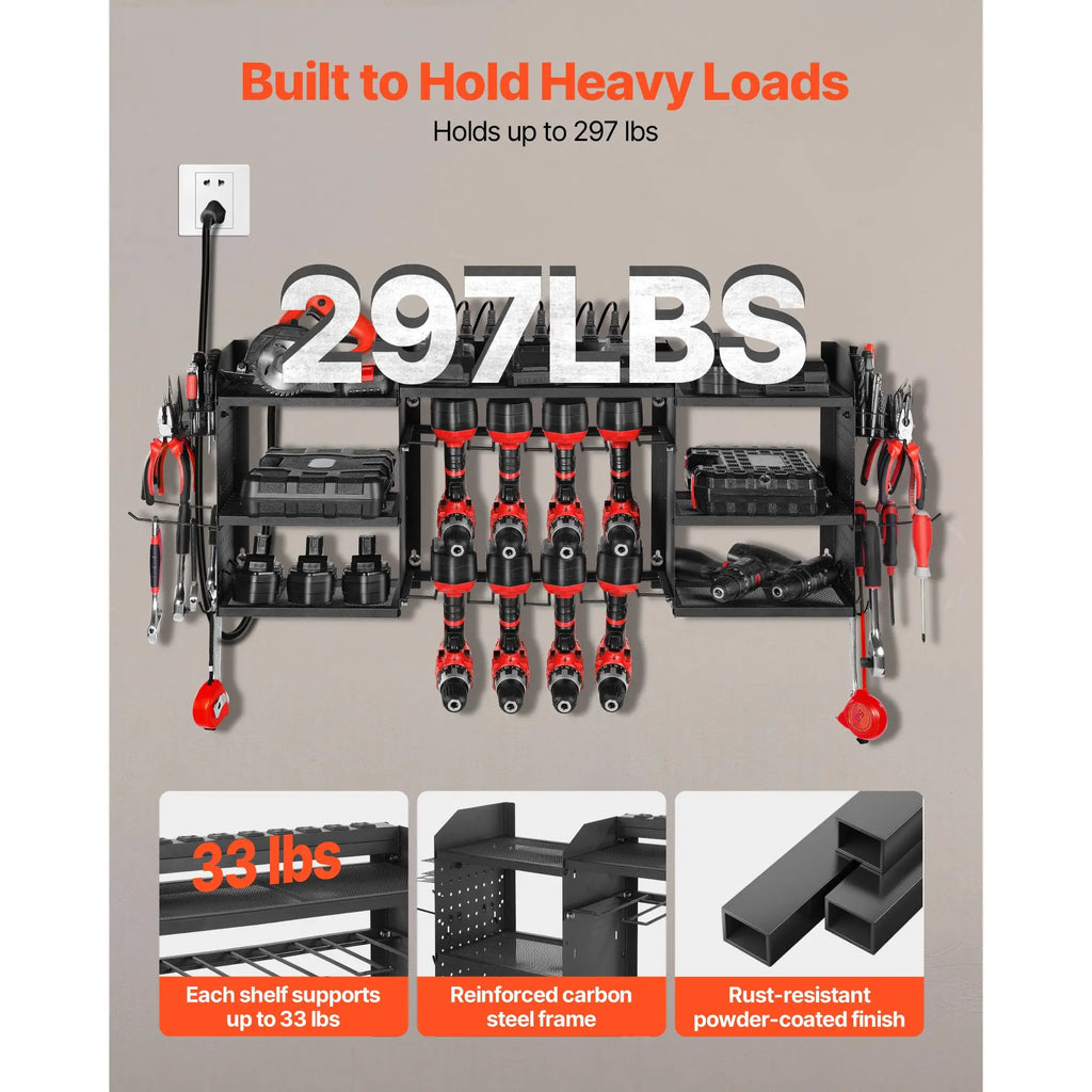 "Wall-mounted 3-layer Power Tool Charging Station with 5.58 ft Power Strip & 8 Drill Holders"