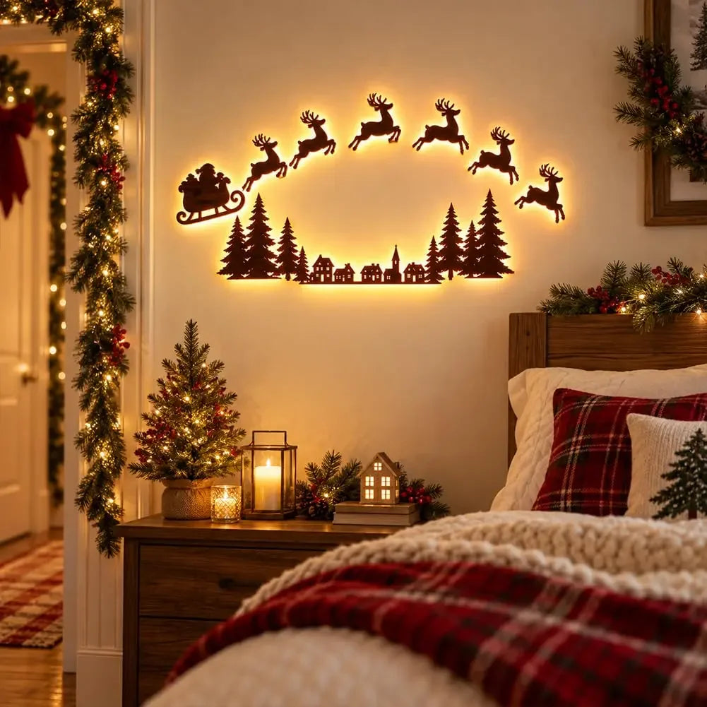 Decoração de parede natalina com luzes LED, trenó do Papai Noel, renas, árvore de pinheiro, encaixe recortado, para pendurar na moldura da porta, decoração para festas e celebrações em casa.