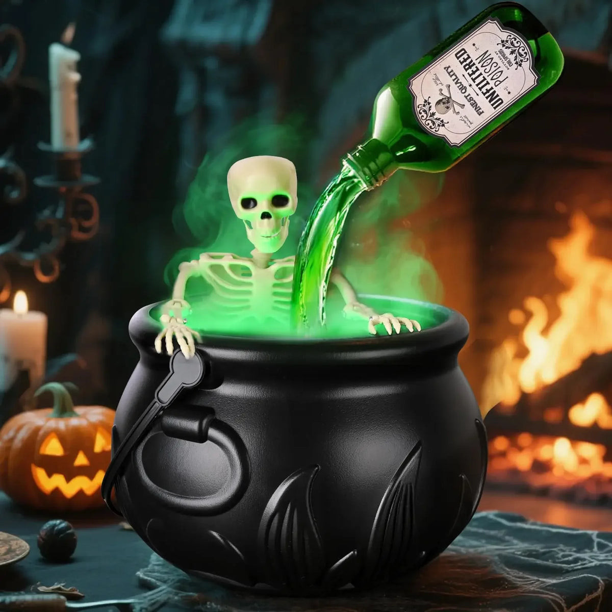 Halloween WitchCauldron com luz LED e névoa Mist Maker Esqueleto Decoração para festa assustadora de Hocus Pocus, casa, festa de Halloween