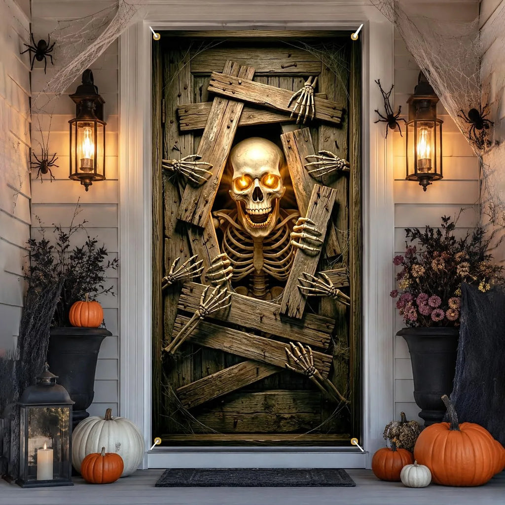 Banner de Porta de Esqueleto com Olhos Brilhantes para Halloween, Decoração Assustadora de Porta de Madeira Quebrada, Decoração Suspensa para Festa Interna e Externa