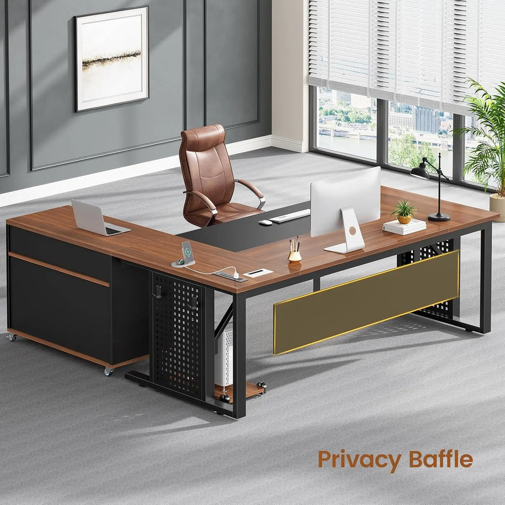 Mesa Executiva de 71 polegadas com Armário Arquivador com Rodas, Mesa de Escritório Grande com Gavetas, Mesa de Computador em L com Tomada, Personalizável