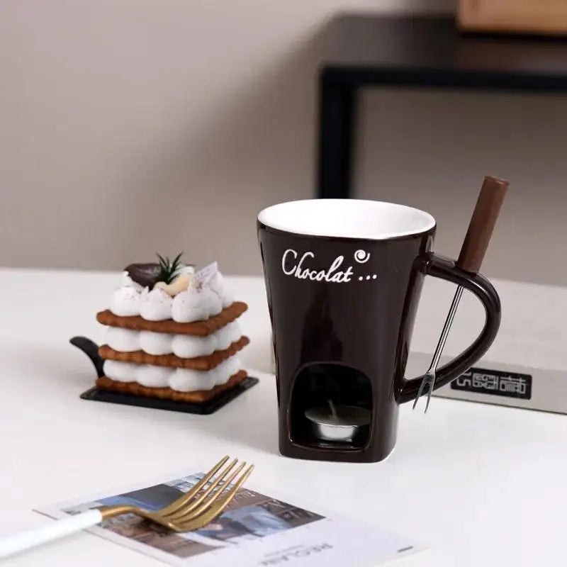 Copo de vela europeu queijo chocolate derretendo caneca cerâmica aquecimento comida caneca cerâmica com garfo criativo caneca café utensílios de mesa