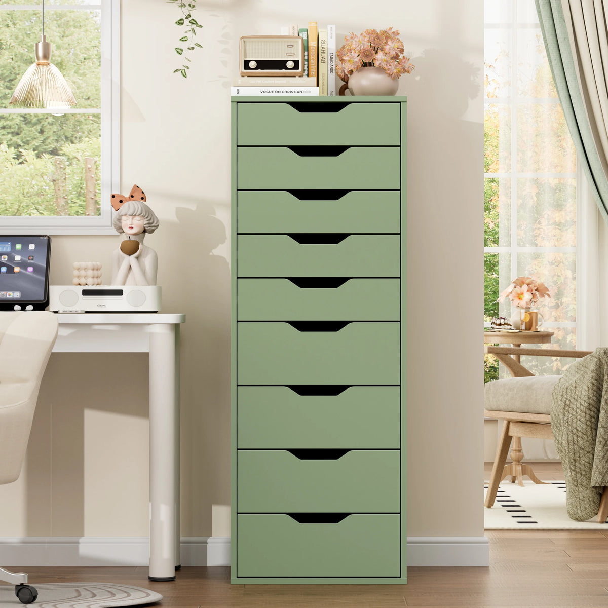 Getone Cômoda Quarto, Cômoda alta, Armário de armazenamento branco, Armário alto com 9 gavetas para sala de estar 124,3x45x40cm