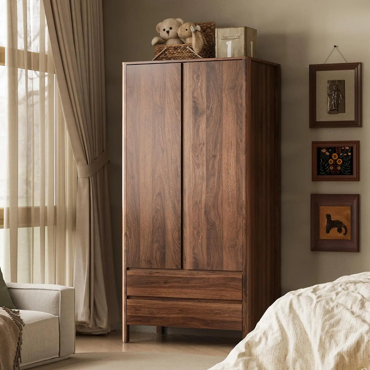 Guarda-Roupa Moderno de Nogueira com 2 Portas e 2 Gavetas, 180 cm de Altura, Armário de Quarto com Puxadores Ocultos, Armazenamento de Madeira Independente