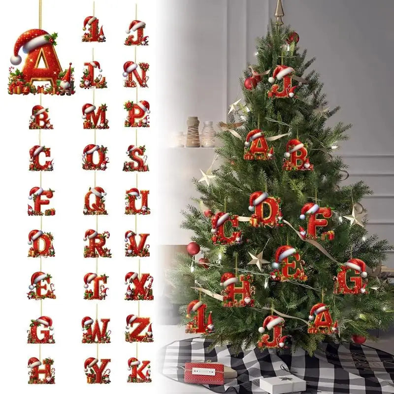 Enfeite de Natal com 26 letras, pingente plano para pendurar, ornamento personalizado, decoração festiva para árvore de Natal, presente para festas de fim de ano.