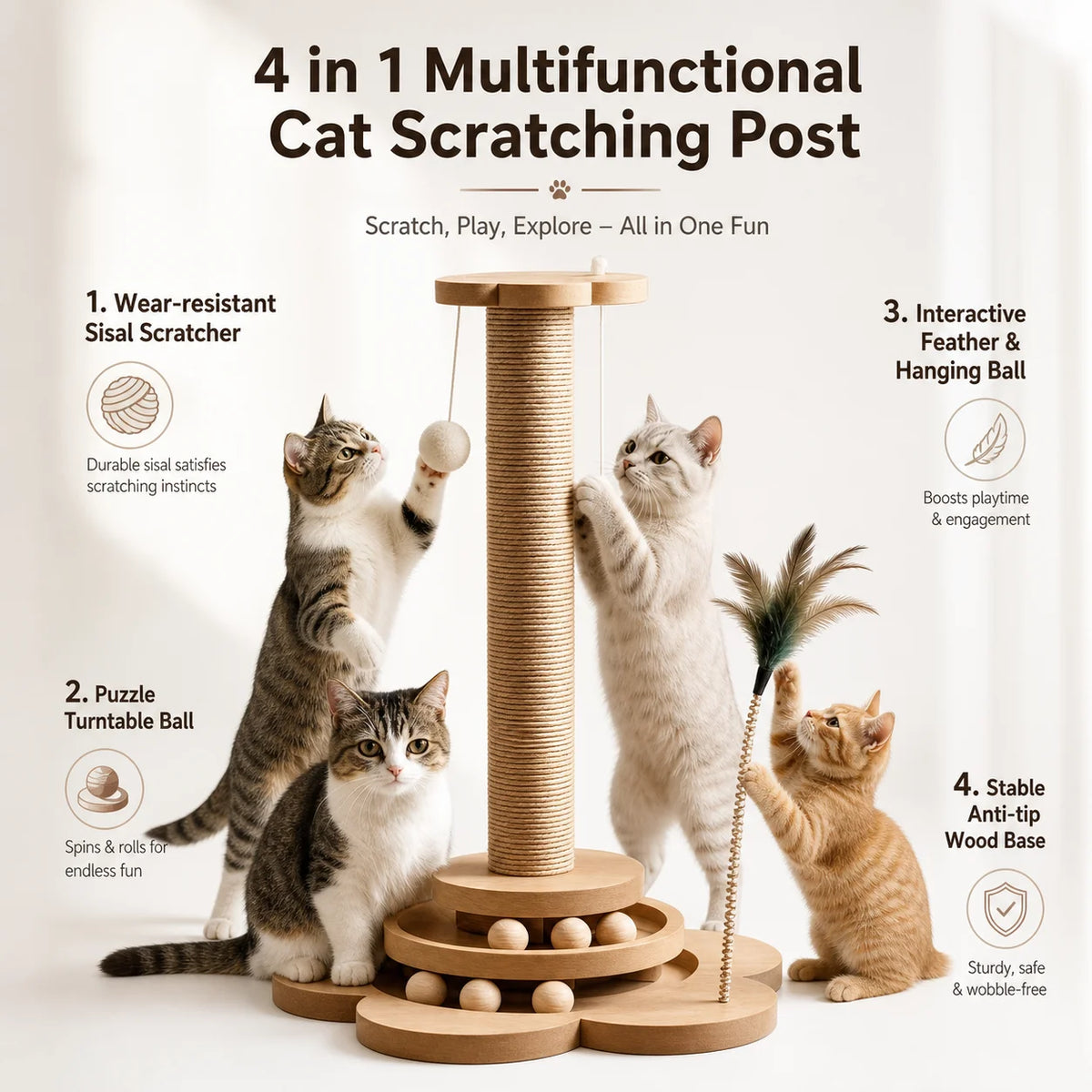 Arranhador de Sisal para Gatos com Estrutura de Escalada Integrada, Almofada de Arranhar Durável e Não Desgastável, Brinquedo Interativo para Gatos de Interior