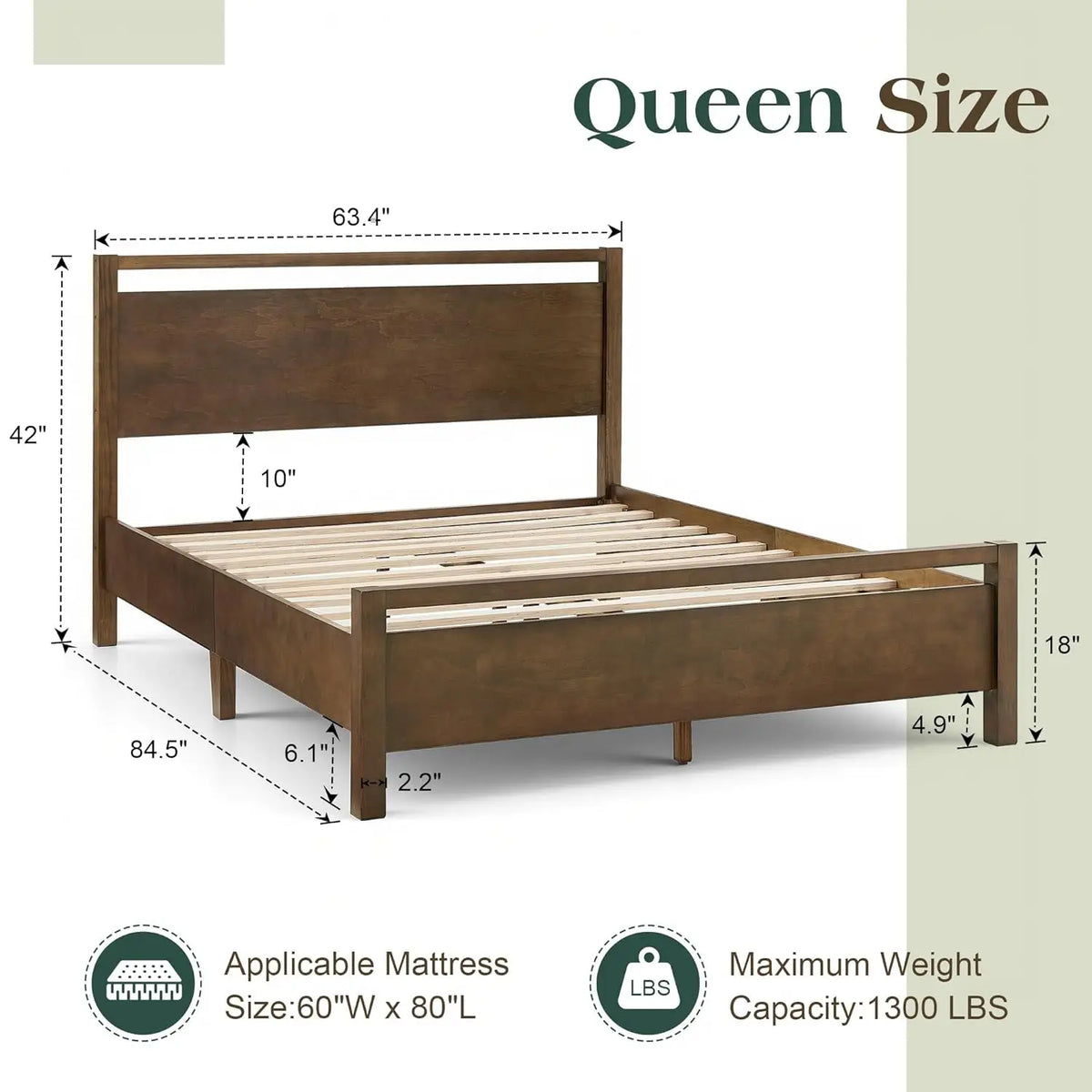 Cama Queen Size de Madeira Maciça com Cabeceira, Cama Plataforma Minimalista com Suporte de Ripas de Madeira/Sem Box Spring, Personalizável