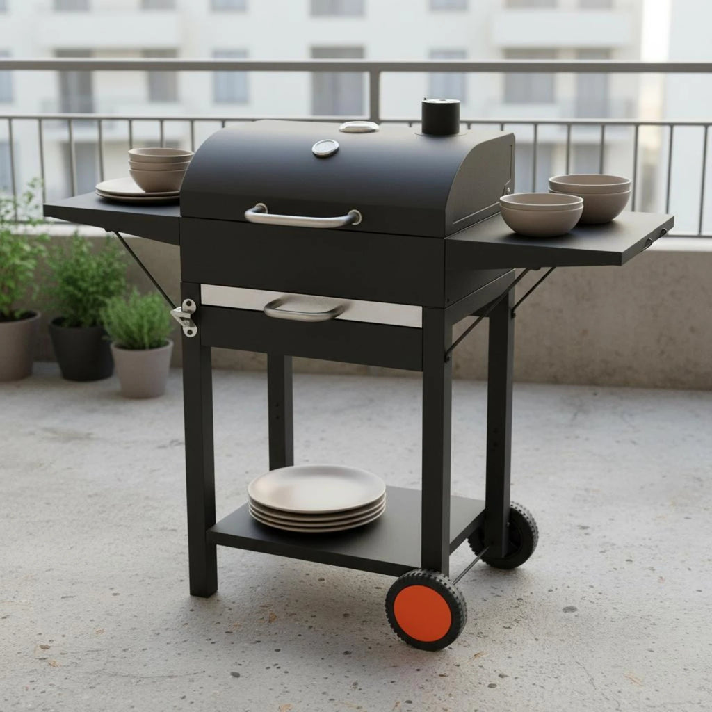 Churrasqueira a Carvão com Rodas e Tampa em Cúpula, Design de Carrinho, para Cozinha Externa, com Chaminé de Ventilação Superior e Controle de Temperatura
