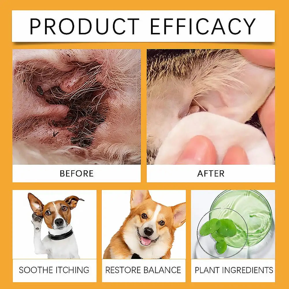 Gotas para ouvido de animais de estimação, 60ml, dissolvem cera de ouvido, removedor de odor, anti-coceira, natural, não irritante