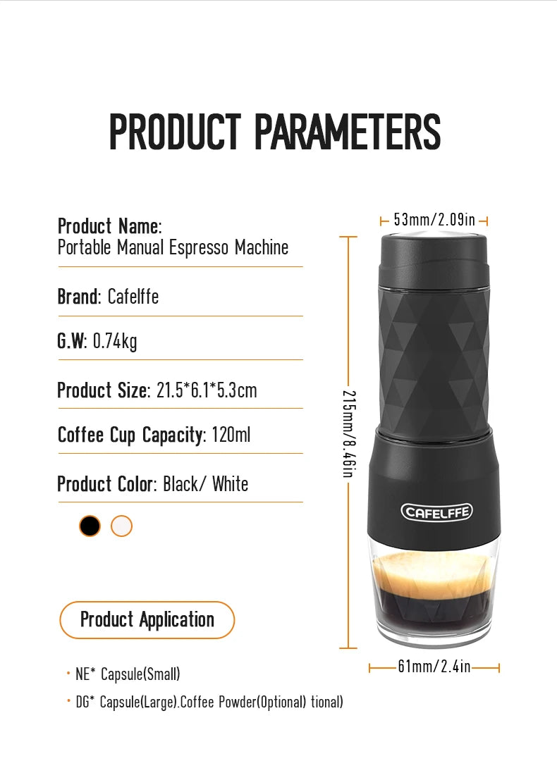 Máquina de Café Portátil Cafelffe 3 em 1, Cafeteira Manual para Cápsulas e Café Moído, Espumador de Leite, Preparador Manual para Viagens e Presentes