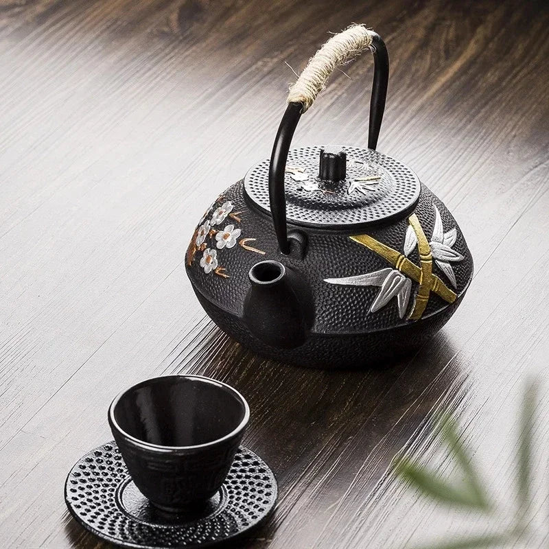 300ml 600ml 800ml bule de chá de ferro japonês ameixa e bambu pintado chaleira de ferro fundido conjunto de água fervente com filtro pote