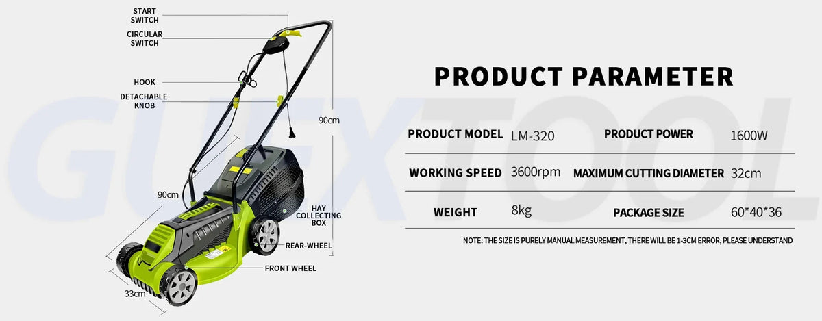 Cortador de grama elétrico poderoso de 1600W, máquina de capina, máquina de capina doméstica elétrica de pressão manual, ferramenta de corte de grama para cortador de grama