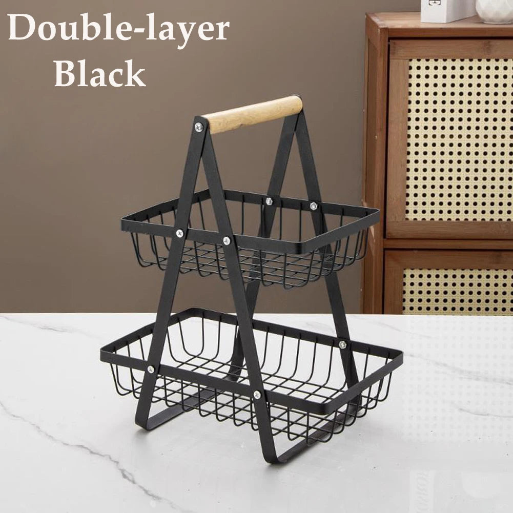 Cesta de armazenamento multifuncional de camada dupla de ferro, prateleira de mesa, mesa de armazenamento de lanche e frutas, com duas camadas de armazenamento na parte superior