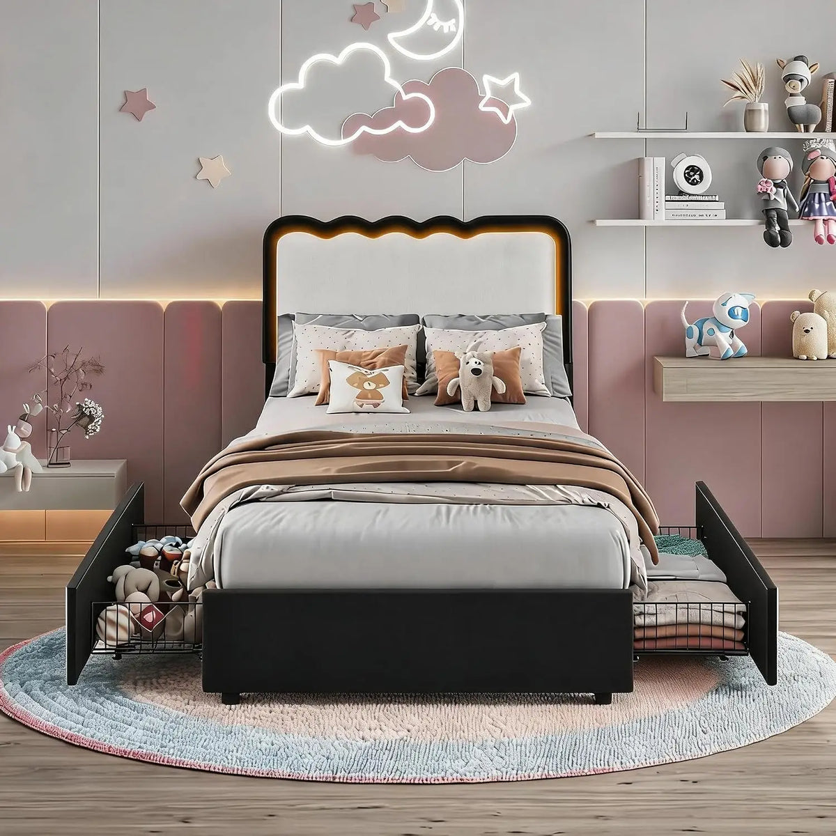 Cama de casal estofada com LED e 2 gavetas de armazenamento, cabeceira de veludo ajustável, cama plataforma para crianças, sem necessidade de estrado.